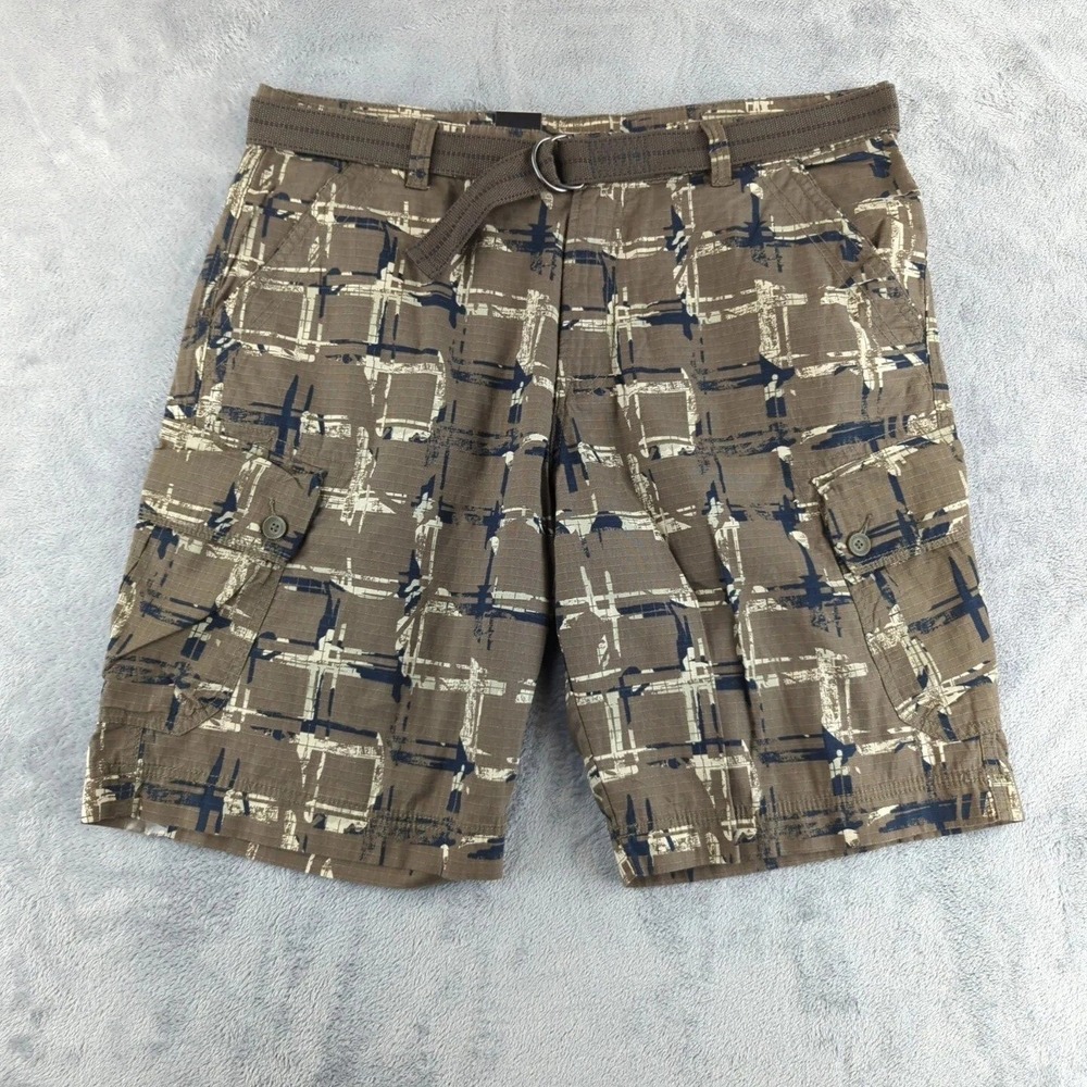 Calvin Klein Jeans Shorts Mens 40 Brown Plaid Cargo Belted Ripstop Cotton Denim